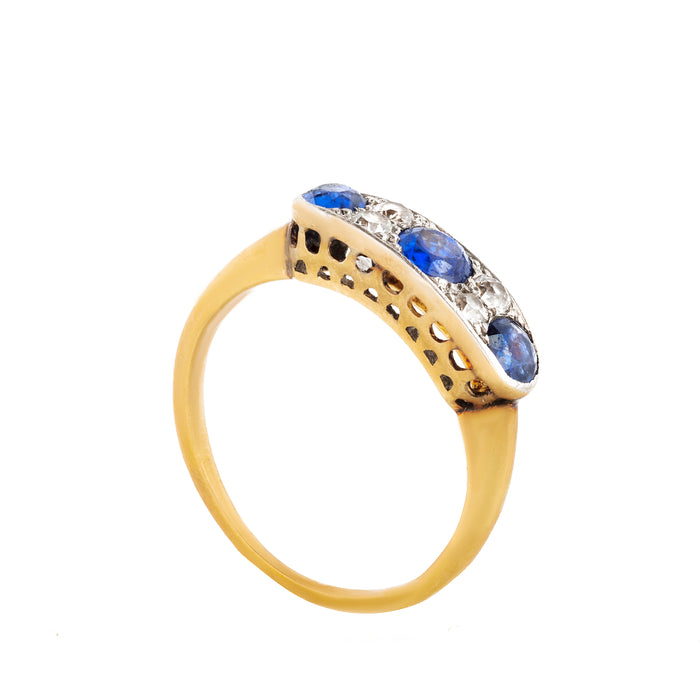 Antique high gallery sapphire and diamond ring with pierced setting and white-over-gold detail, ring size M