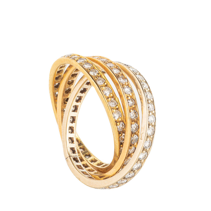 1930s French Russian wedding ring in 18ct gold with 2.5ct of diamonds across three interlocking bands.