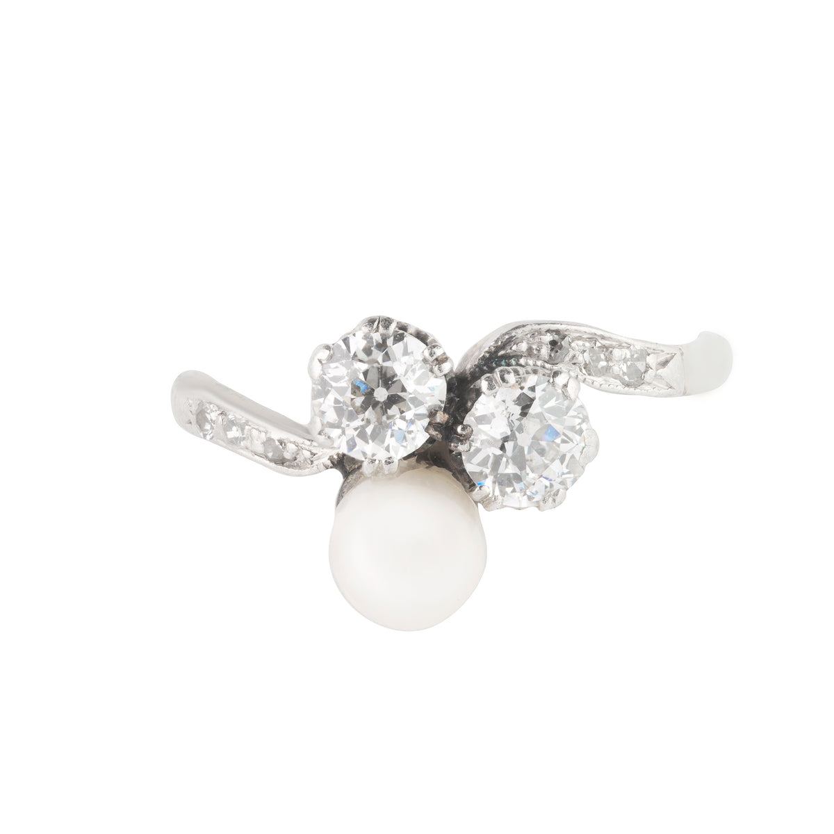1930s diamond and pearl trilogy ring in platinum and 18ct gold with old cut diamonds and natural pearl