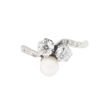 1930s diamond and pearl trilogy ring in platinum and 18ct gold with old cut diamonds and natural pearl