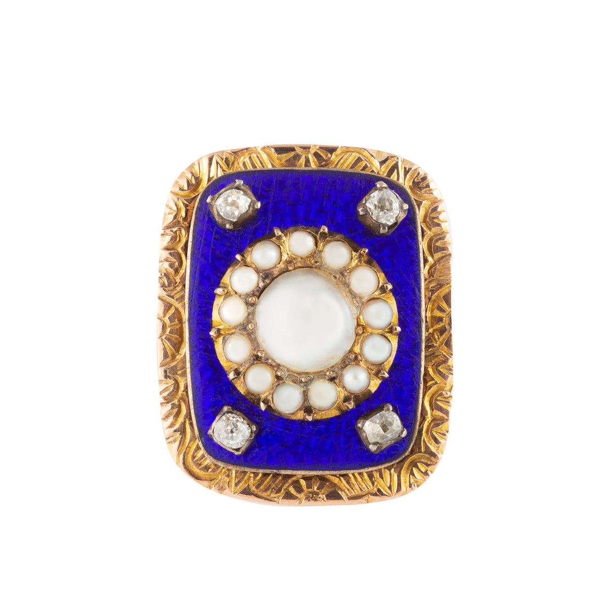 Late Georgian enamel ring with pearl cluster and rose cut diamonds in 9ct gold, c.1820s
