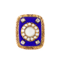 Late Georgian enamel ring with pearl cluster and rose cut diamonds in 9ct gold, c.1820s