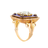 Antique British ring with cobalt blue enamel, natural pearls, and diamond accents