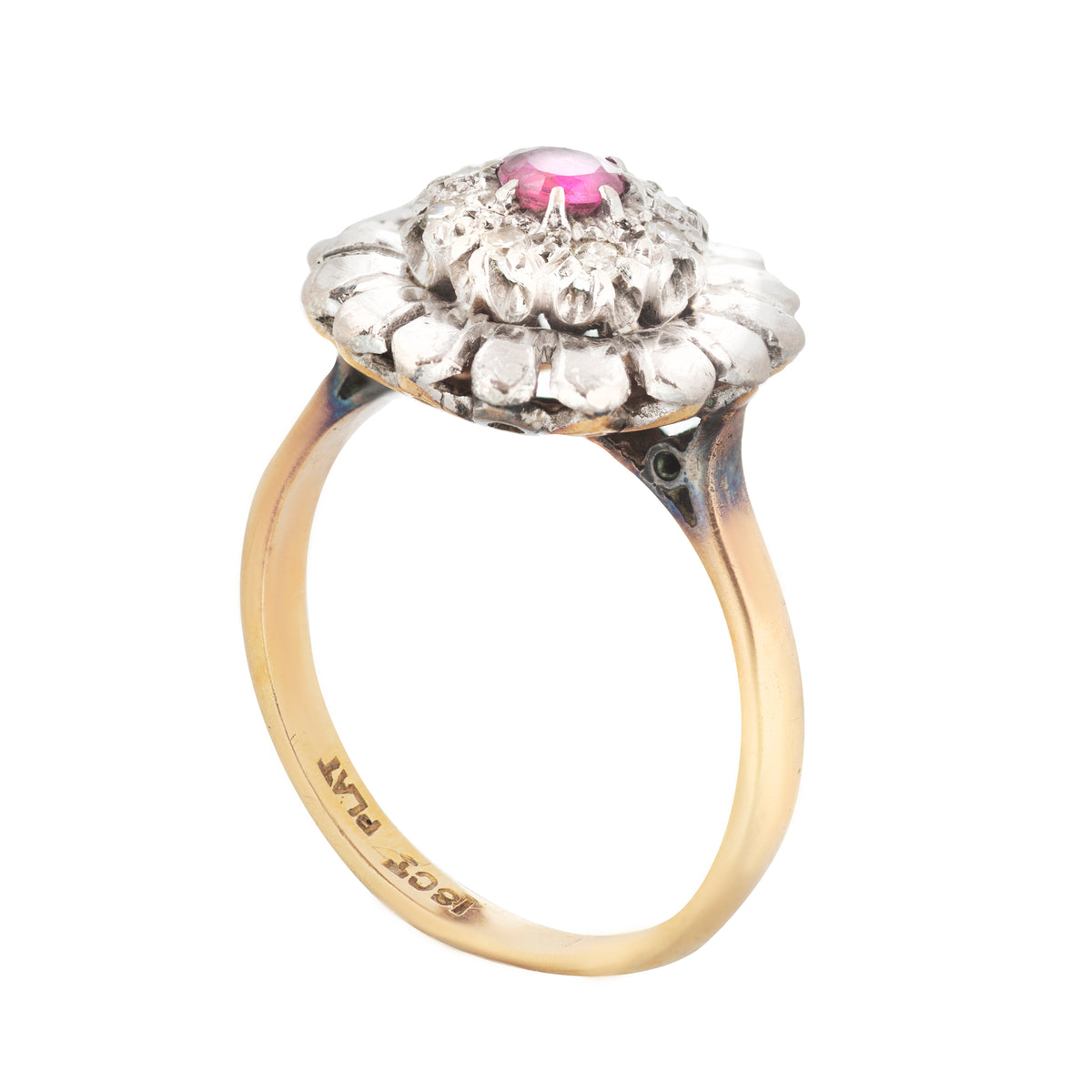 Mid-century floral ring in 18ct gold with ruby centre and old-cut diamonds