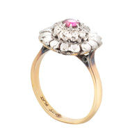 Mid-century floral ring in 18ct gold with ruby centre and old-cut diamonds