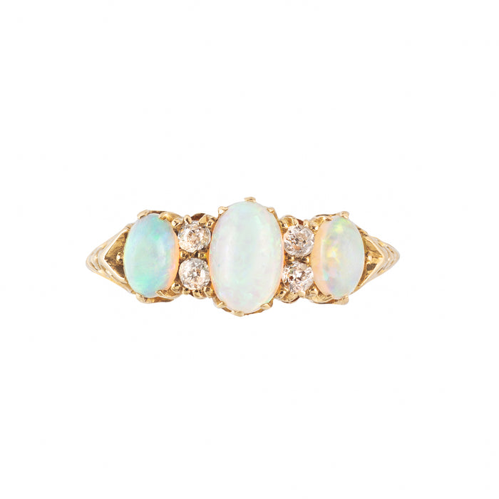 Three Stone Opal & Diamond Ring | 18ct Gold | English 1927