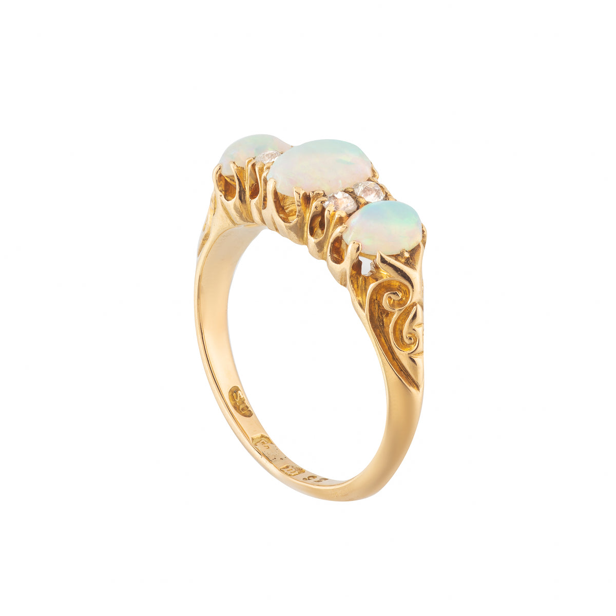 Three Stone Opal & Diamond Ring | 18ct Gold | English 1927