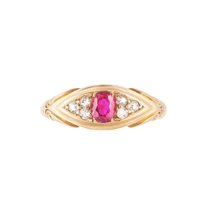 Victorian ruby and diamond marquise ring in 18ct gold, c.1900, with a central ruby surrounded by old-cut diamonds.