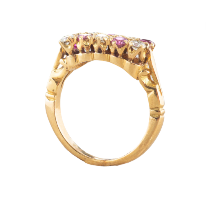 Victorian era 18ct gold ring with alternating old cut diamonds and rubies in double row design