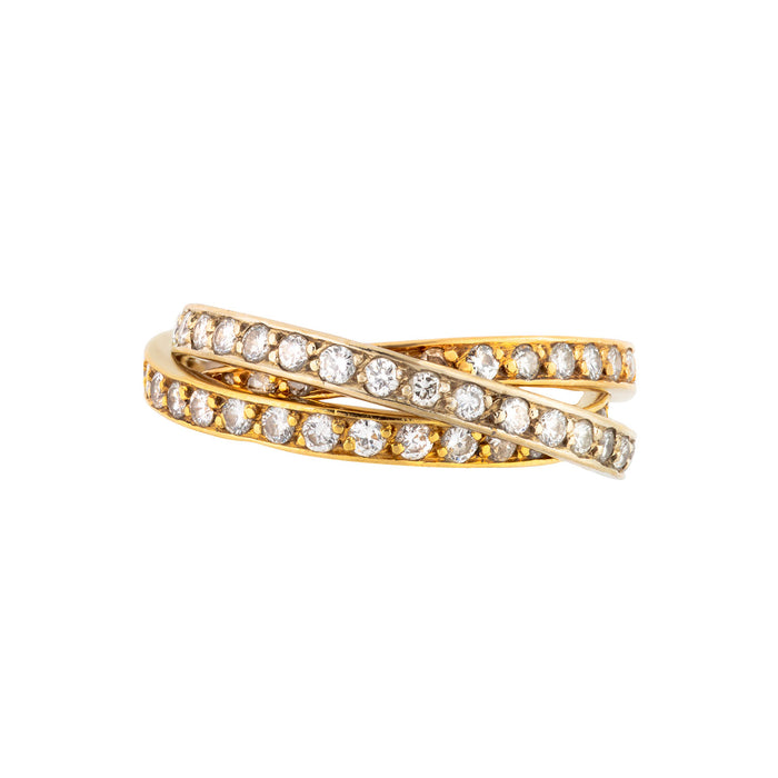 French 1930s triple gold diamond ring with three interlocking bands fully set with brilliant-cut diamonds.