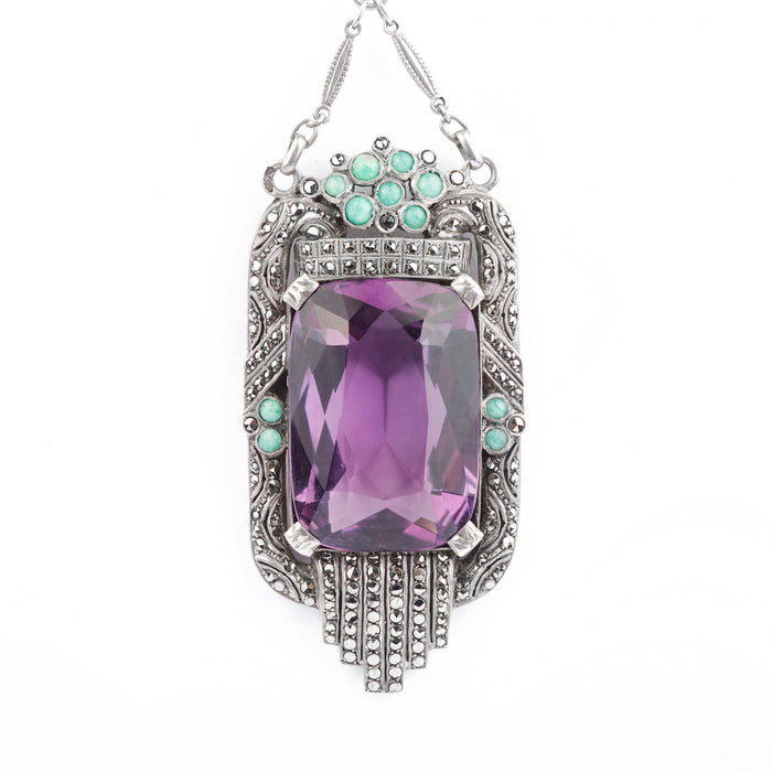 Art Deco pendant with large amethyst, amazonite cabochons, and marcasite, by Theodor Fahrner