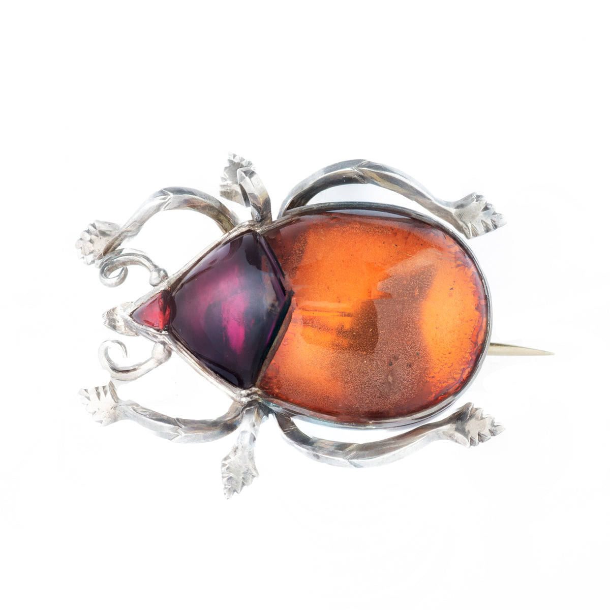 Victorian silver beetle brooch with foiled rock crystal body and garnet nose, c.1890