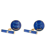 Victorian gold cufflinks with blue guilloché enamel cat portrait and diamond-set collar, dated 1895