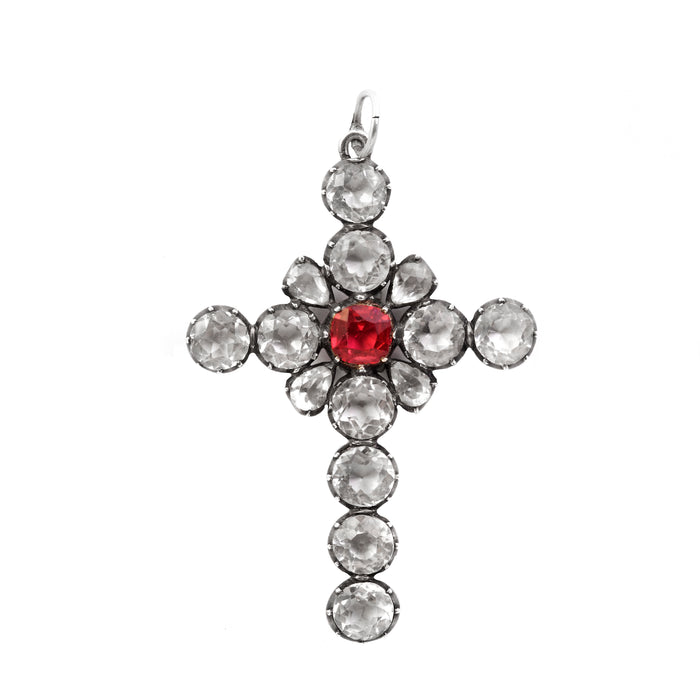 Antique English paste cross pendant with clear and red foiled stones set in silver, c.1820–1850