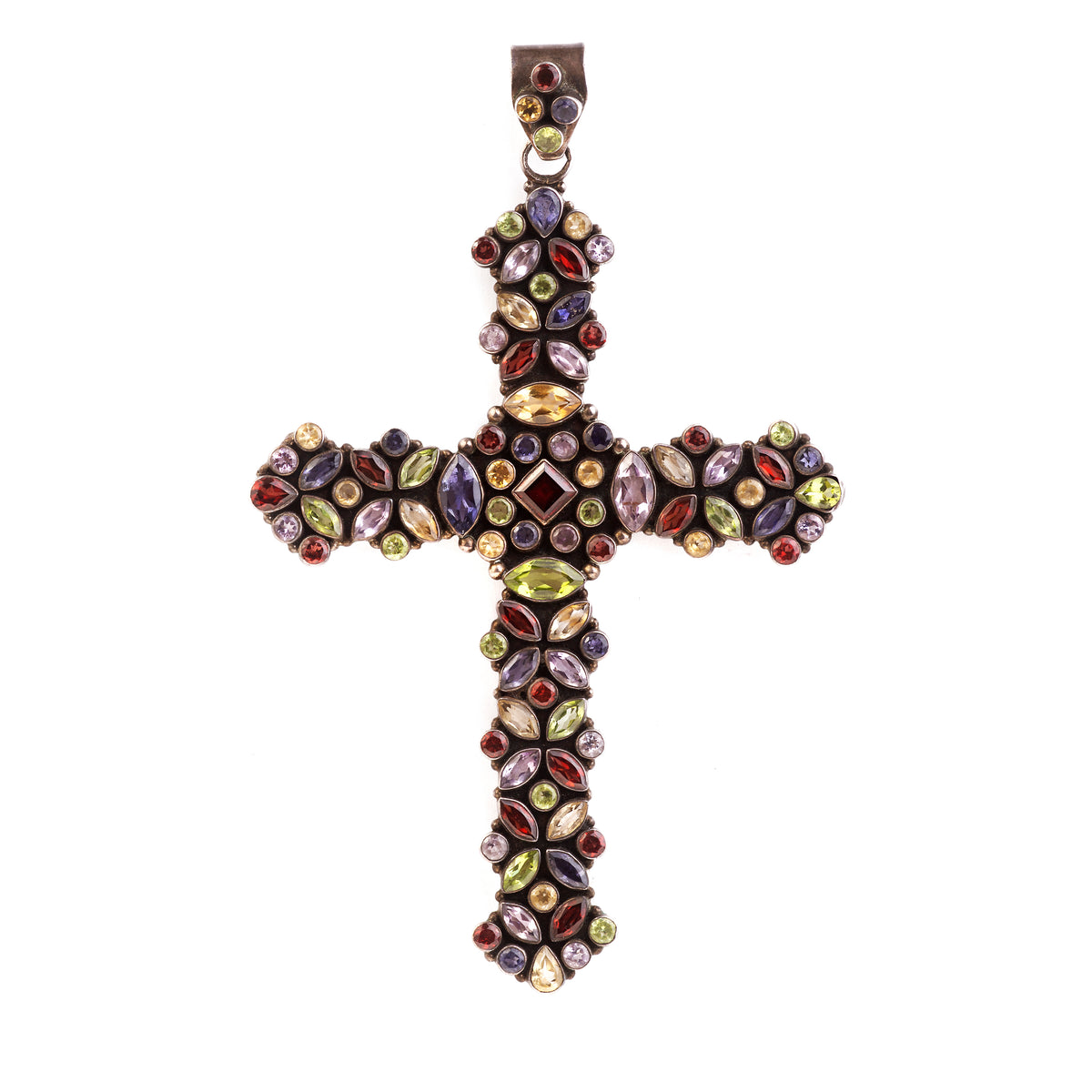 Large silver cross pendant set with amethysts, garnets, citrines, peridots, and iolites, early to mid-20th century