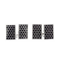 Rectangular 1990s silver cufflinks featuring repeating honeycomb enamel design on black ground.