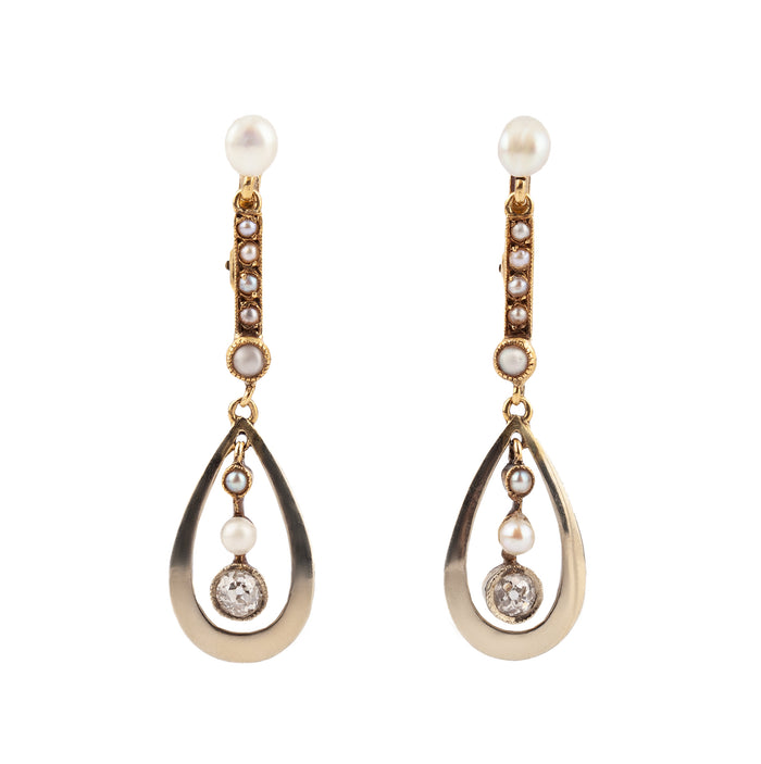 Antique teardrop earrings in gold with floating diamonds and pearls, c.1900