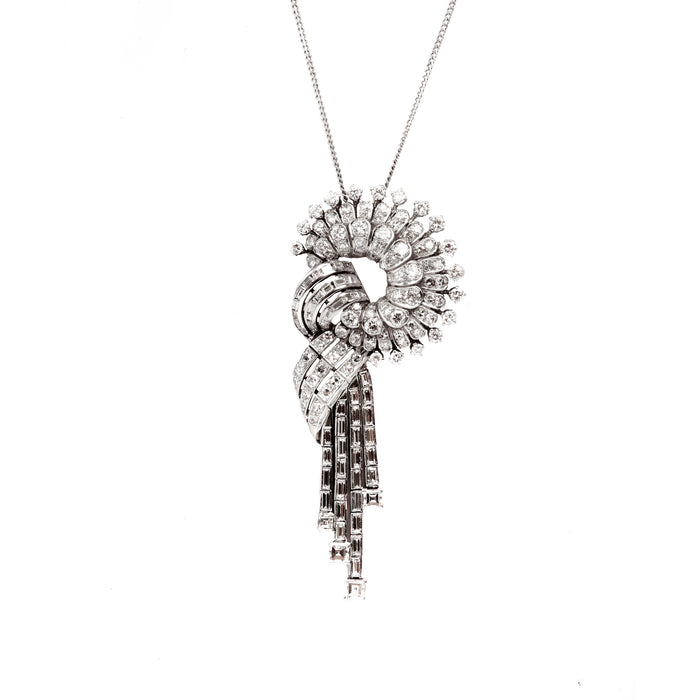 1950s French diamond tassel pendant-brooch in 18ct white gold with mixed-cut diamonds