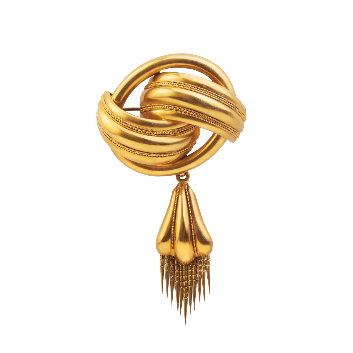 Victorian 18ct gold knot brooch with sculptural fringe drop, English c.1870s