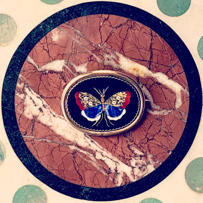 Handmade 19th-century Italian pietra dura butterfly brooch, c.1860, in 9ct gold mount.