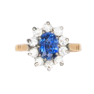 1980s sapphire and diamond cluster ring in 18ct gold, with Ceylon sapphire centre and diamond halo