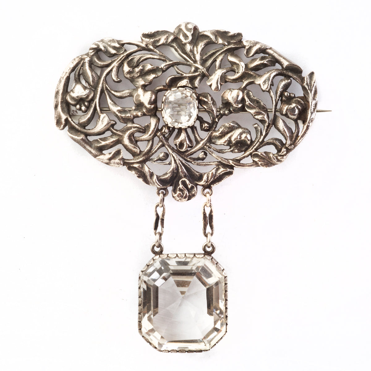 Arts & Crafts silver brooch with rock crystal drop, British c.1930s