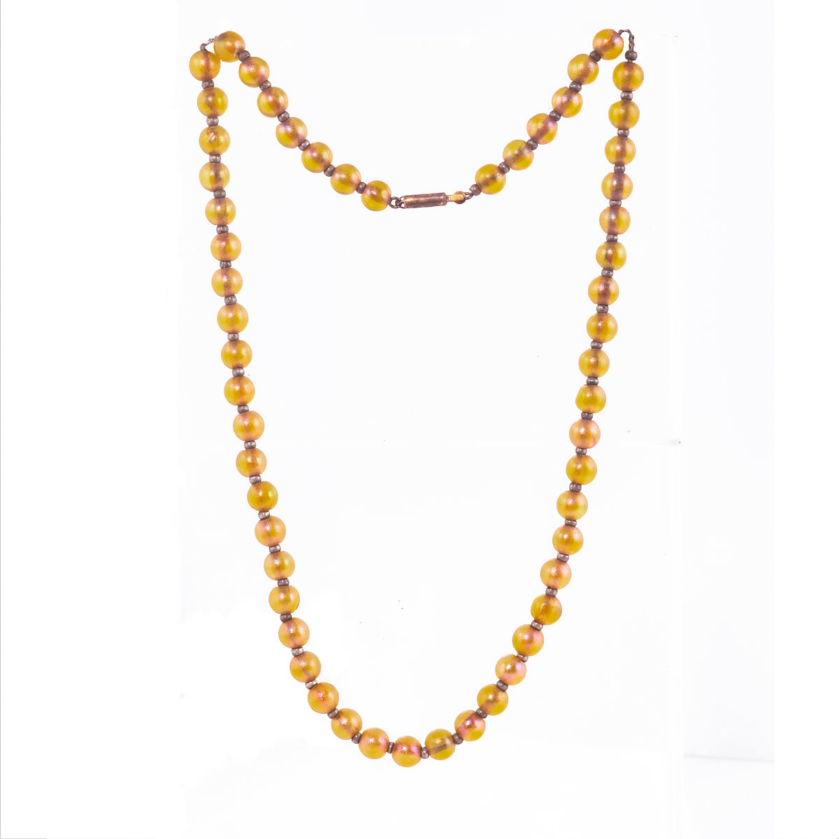 1920s iridescent glass bead necklace by Württembergische Metallwarenfabrik, 6mm beads with warm shimmering tones