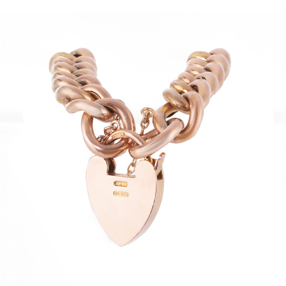 1910s Edwardian 9ct gold curb bracelet featuring textured links and heart padlock clasp, 18cm long
