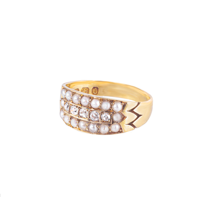 A Victorian Three Row Diamond Pearl Ring