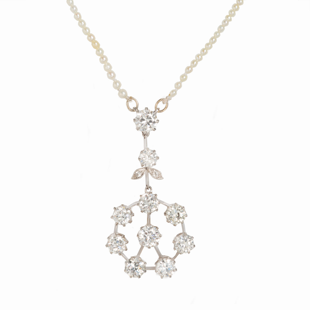 1950s British diamond pendant necklace with seed pearls