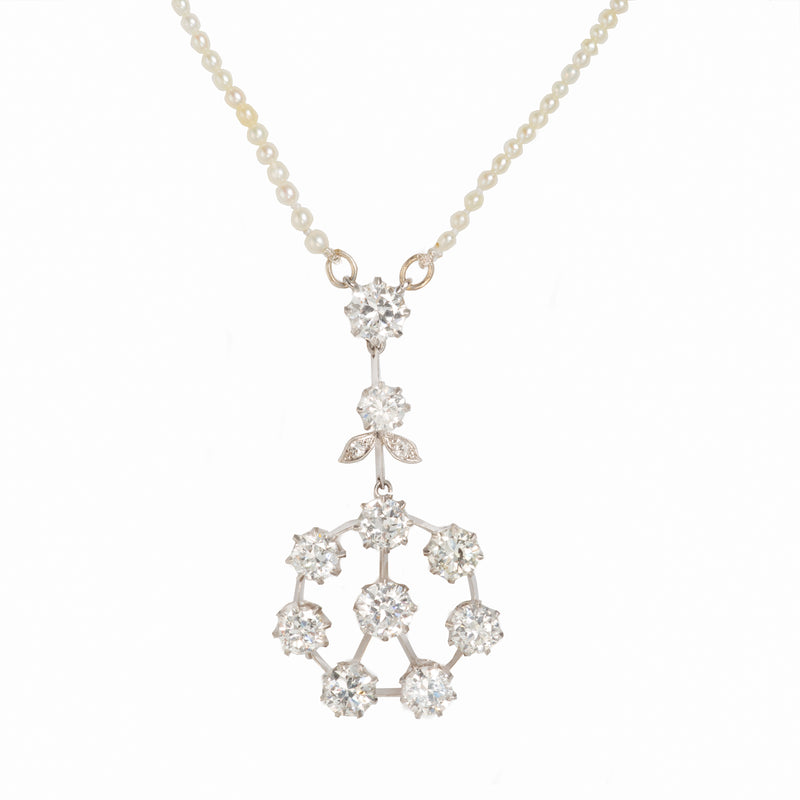 1950s British diamond pendant necklace with seed pearls
