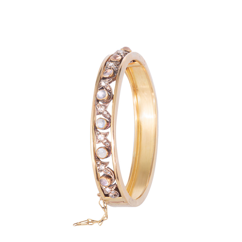 1880s French Belle Époque gold bracelet set with moonstones and diamonds, side view