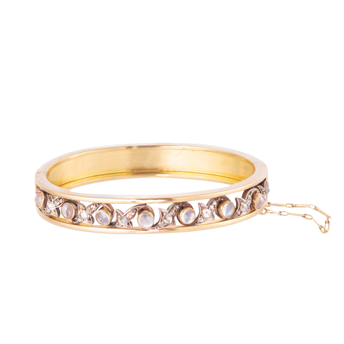 French antique bangle in 18ct gold with moonstones and old cut diamonds, Belle Époque c.1880s