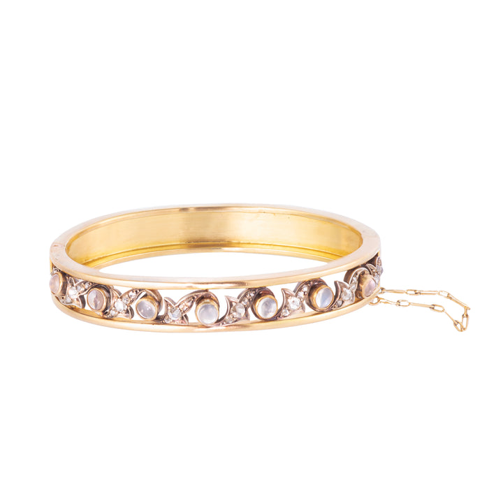 French antique bangle in 18ct gold with moonstones and old cut diamonds, Belle Époque c.1880s