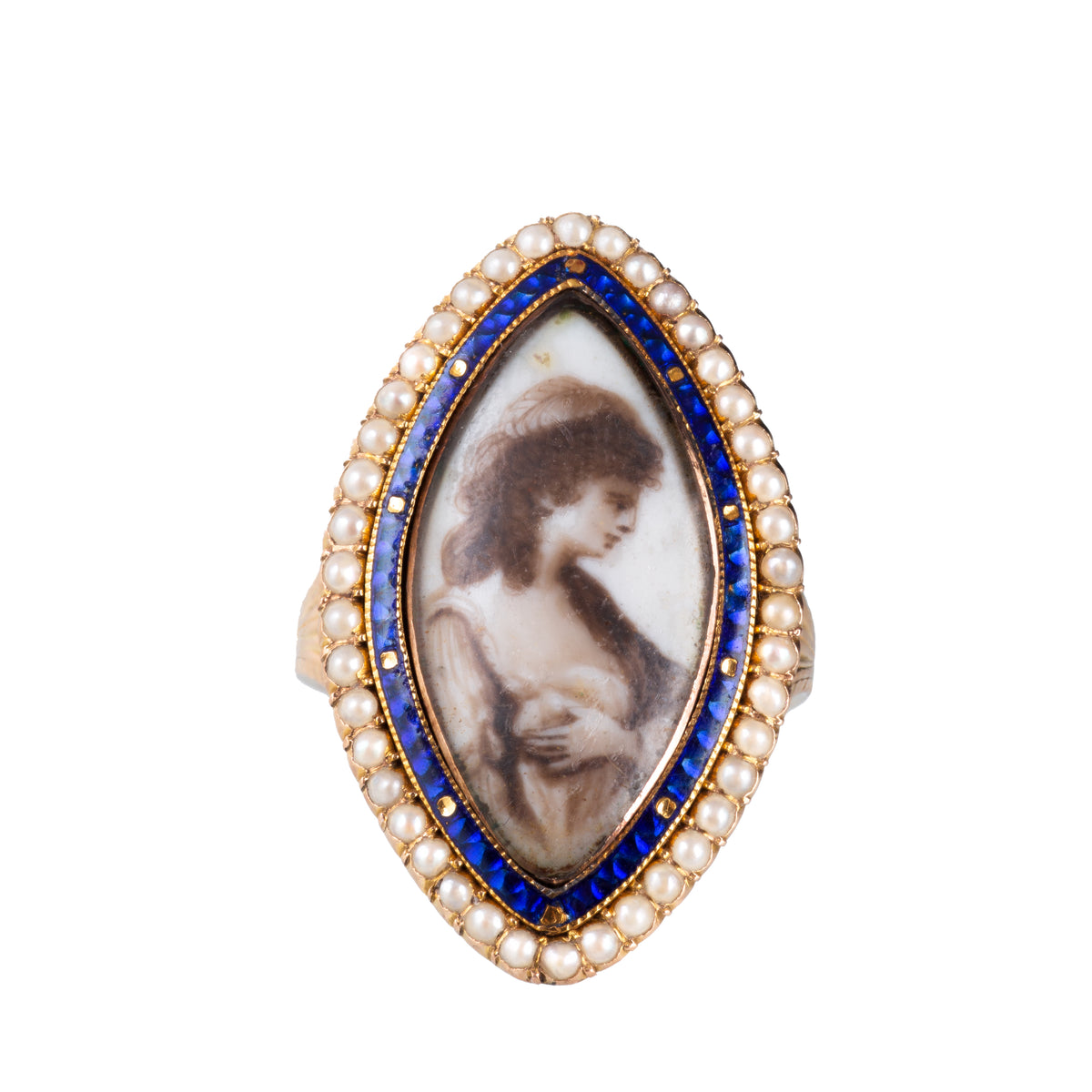 Georgian Navette Enamel, Pearl & Gold Mourning Ring