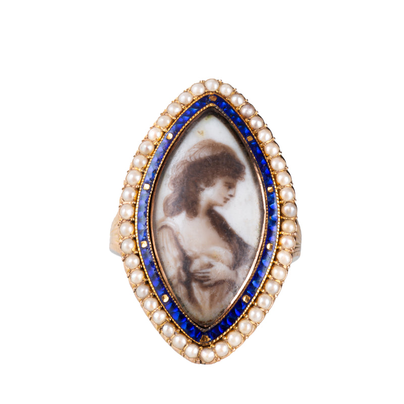 Georgian Navette Enamel, Pearl & Gold Mourning Ring