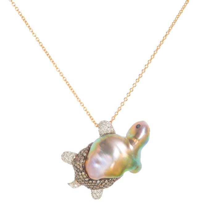 * Italian 1990s turtle pendant in white and rose gold with baroque pearl