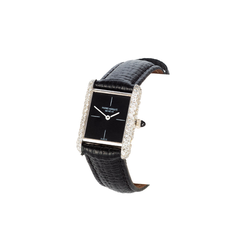 Close-up of diamond-set vintage watch in white gold, 1980s
