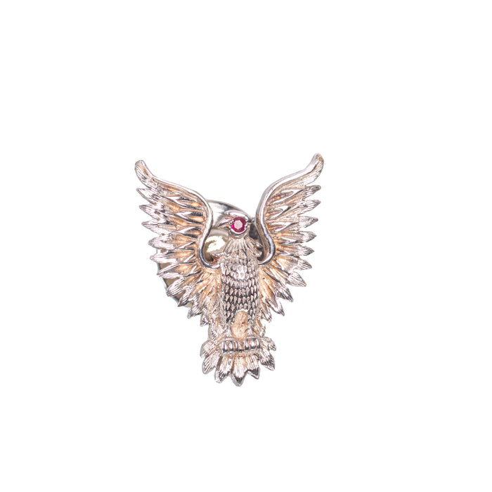 1950s Asprey eagle pin in 18 carat white and rose gold with ruby eye, hallmarked Asprey 18K, with original Asprey box