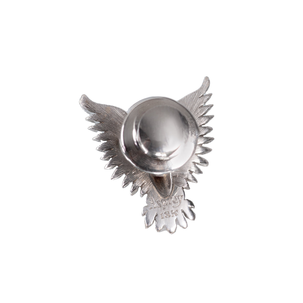 Reverse of Asprey eagle pin showing 18ct hallmark and secure clip fitting in white gold, circa 1950s.