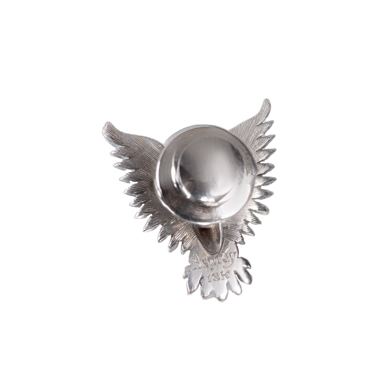 Reverse of Asprey eagle pin showing 18ct hallmark and secure clip fitting in white gold, circa 1950s.