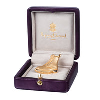Asprey & Garrard gold Dr Martens brooch displayed in original purple Asprey box with logo, London 2001