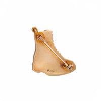 Back of Asprey Dr Martens boot brooch showing gold hallmarks and brooch fitting, 9ct gold, 2001