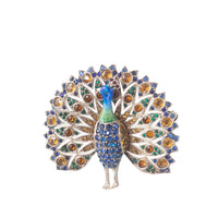 1930s sterling silver peacock brooch with colourful paste stone plumage