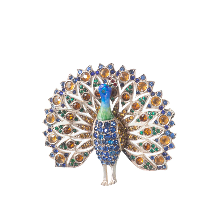 Art Deco Silver Paste Peacock Brooch