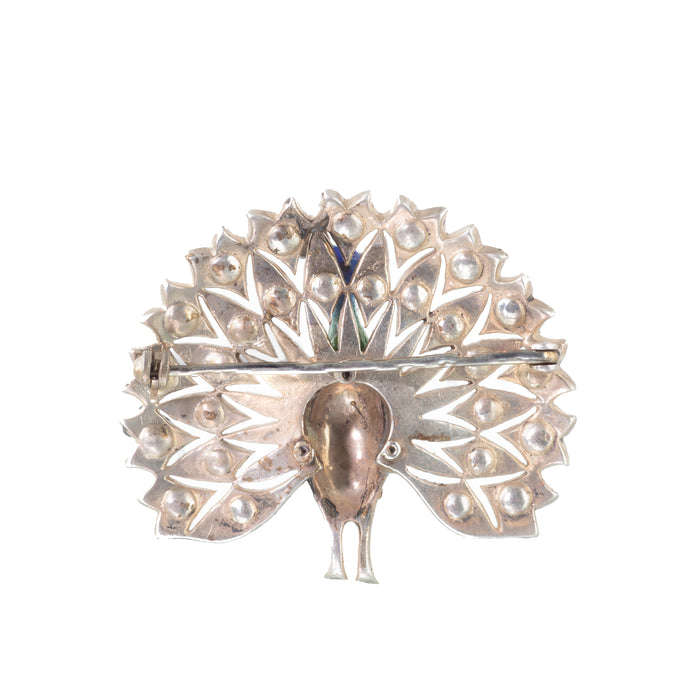 Art Deco Silver Paste Peacock Brooch