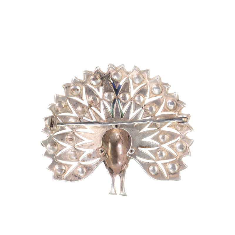 Vintage Art Deco paste brooch in the shape of a peacock, sterling silver, c.1930s, back view 