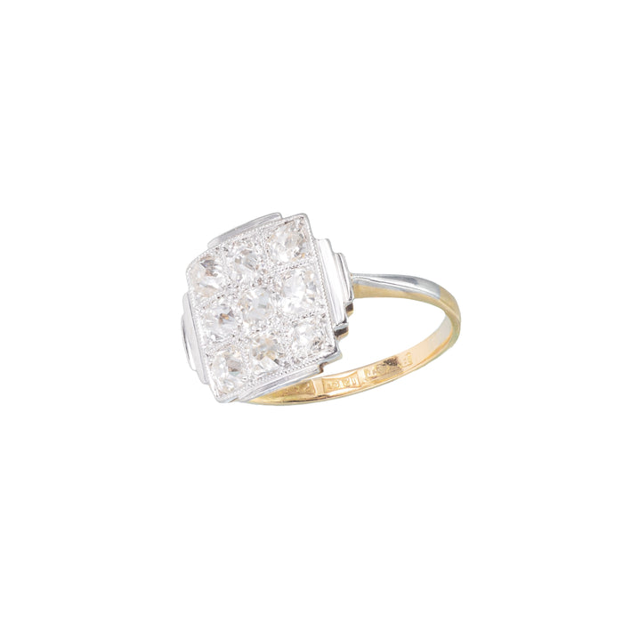 1920s Art Deco diamond ring with old cut diamonds in platinum and gold