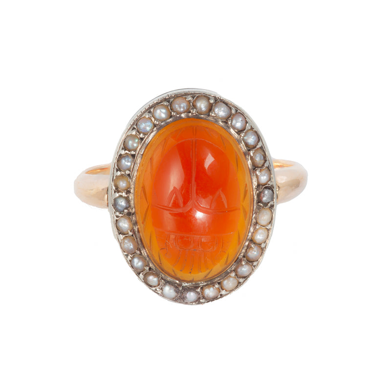 Edwardian carnelian scarab ring with pearl halo