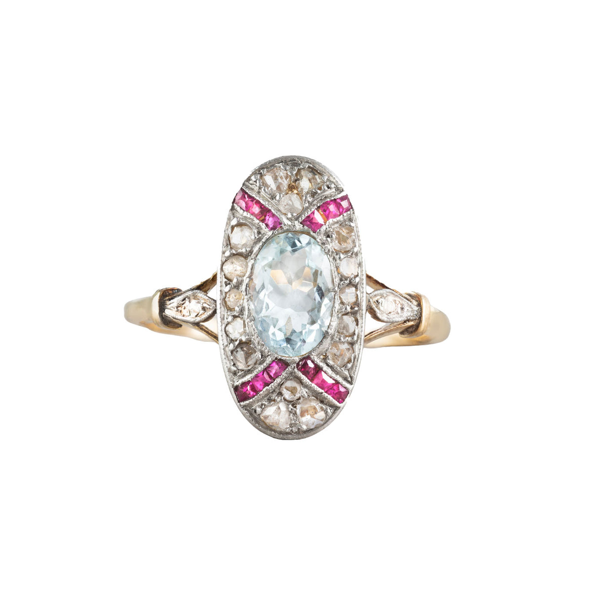 Aquamarine, Ruby & Diamond 18ct Gold Ring | Art Deco c.1930s